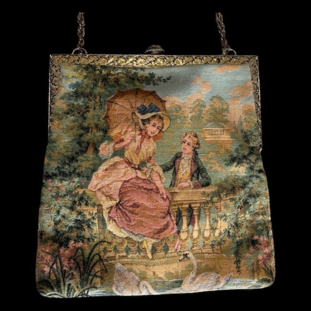 1930s Vintage Tapestry Purse Handbag Man & Woman in a Pastoral Scene Gold Detail